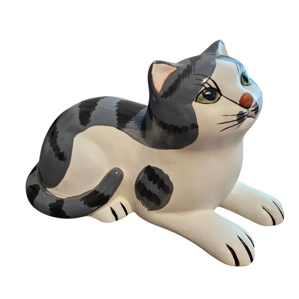 Vintage 1985 Royal Orleans Ceramic Tabby Cat Figurine Gray White Kitty Japan